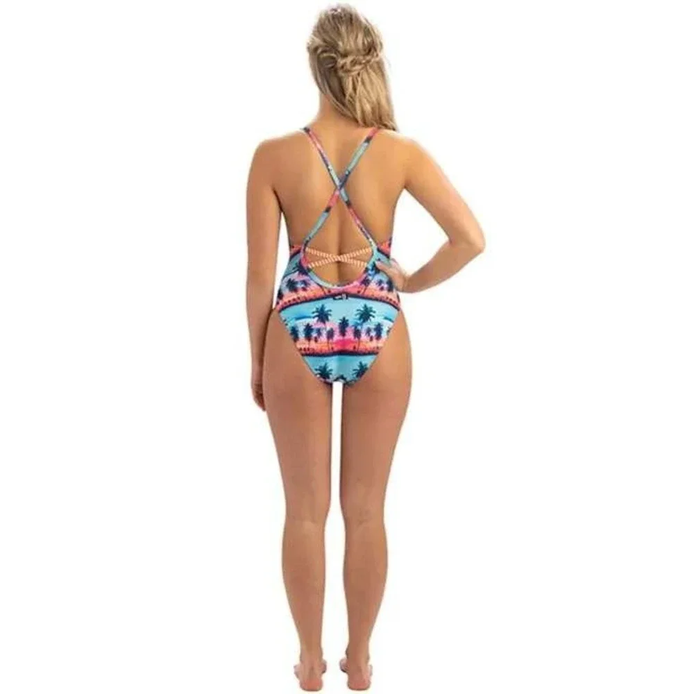Dolfin Swimsuit Women Size 30 Turquoise Palm Trees Cross Back One Piece‎
